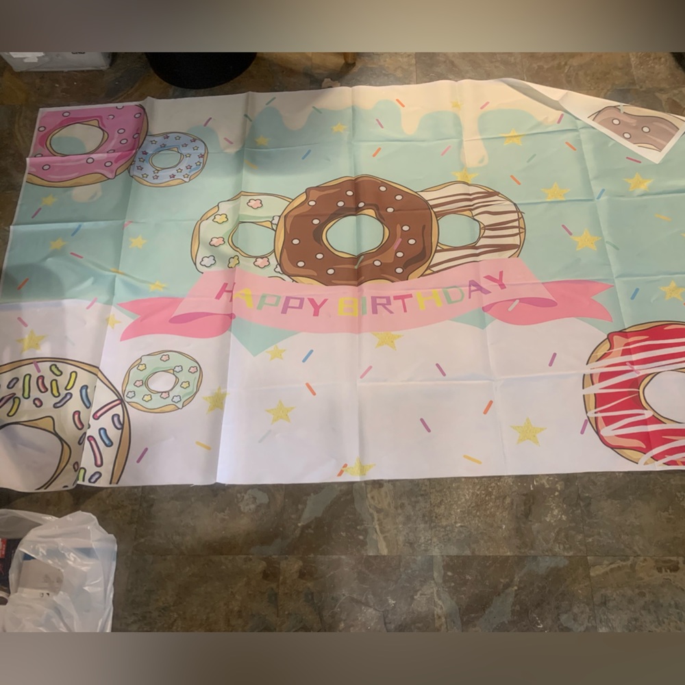 NEW Open Bag 6x4ft Donut Backdrop Donut Birthday Party Slime Time Event Cake Tab - Picture 7 of 7